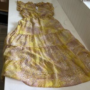 BB Dakota Steve Madden sheer yellow and purple tiered ruffle midi dress XS